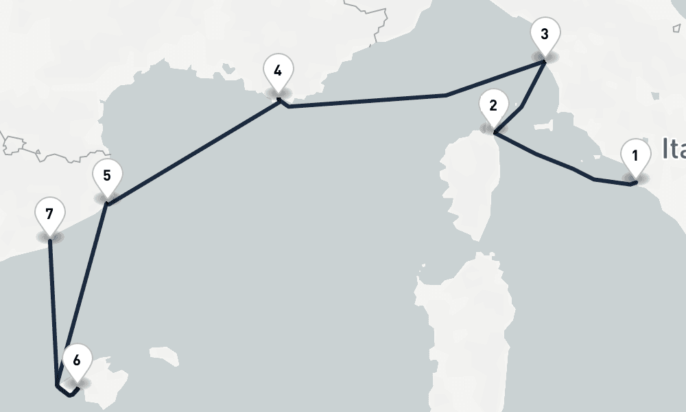 7 nights / 8 days, one-way from Civitavecchia (Rome, Italy) to Barcelona