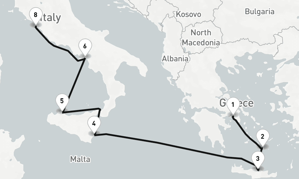 8 nights / 9 days, one-way from Piraeus (Athens, Greece) to Civitavecchia (Rome, Italy)