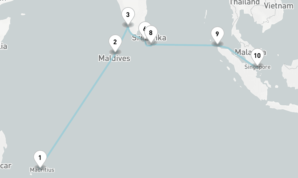 16 nights / 17 days, one-way from Port Louis (Mauritius Island) to Singapore