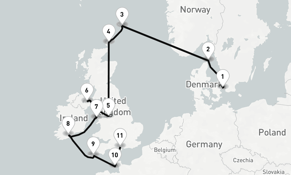 12 nights / 13 days, one-way from Copenhagen to Southampton (England)