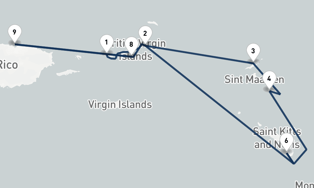 7 nights / 8 days, one-way from Saint Thomas Island (Charlotte Amalie, USVI) to San Juan (Puerto Rico)