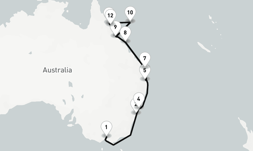 14 nights / 15 days, one-way from Melbourne (Victoria, Australia) to Cairns (Queensland, Australia)