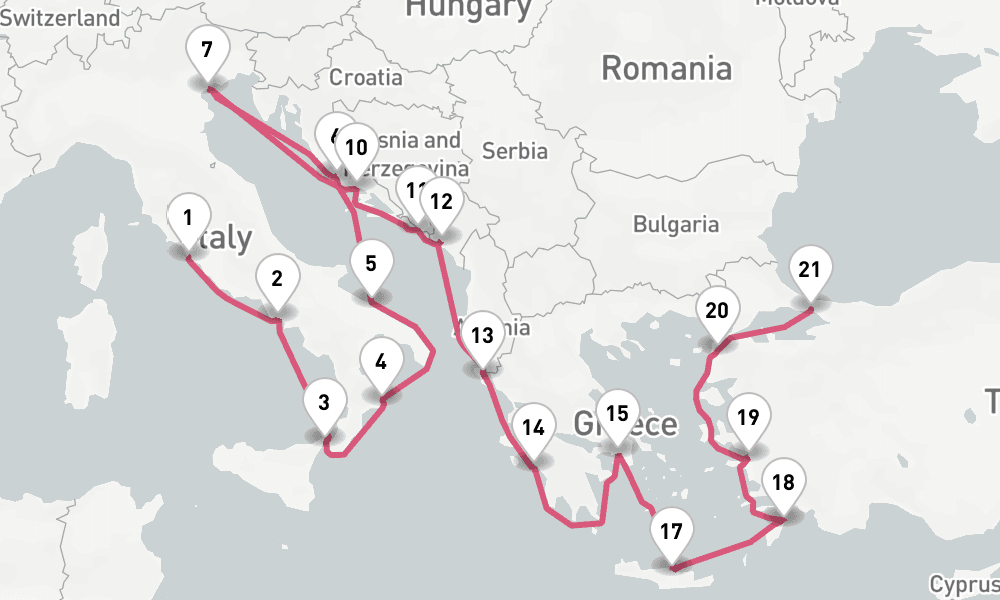 21 nights / 22 days, one-way from Civitavecchia (Rome, Italy) to Istanbul