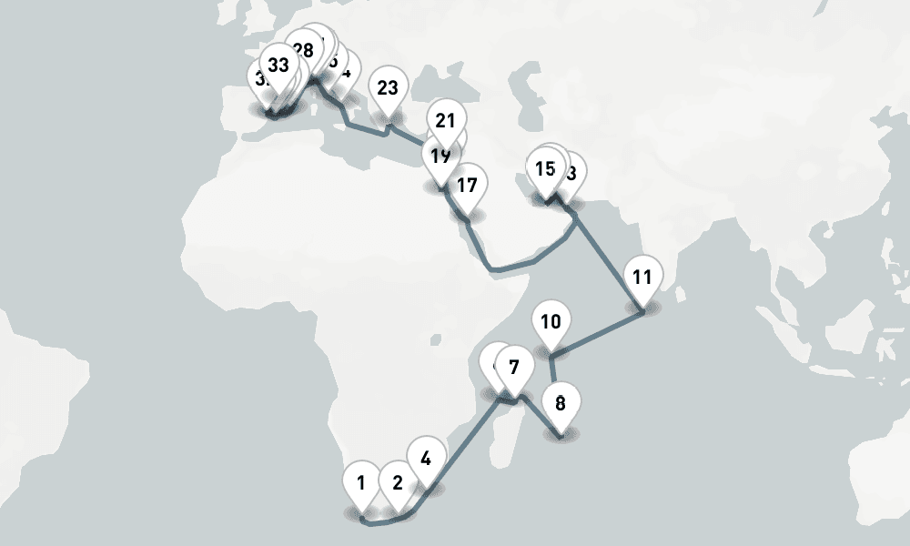 61 nights / 62 days, one-way from Cape Town to Barcelona