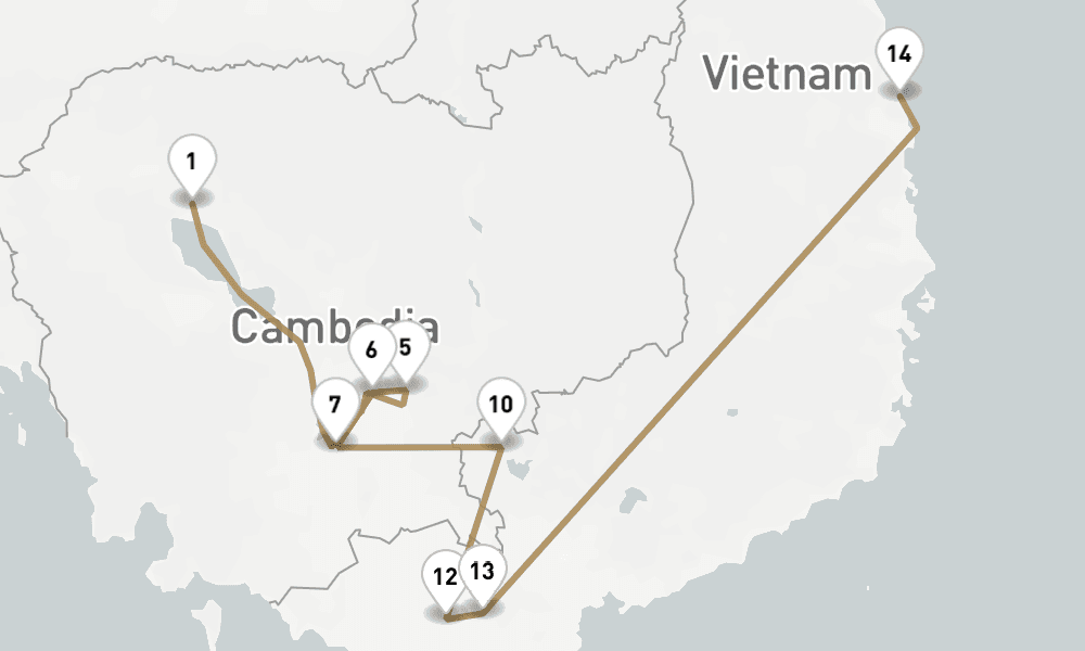 10 nights / 11 days, one-way from Siem Reap to Phu My (Ho Chi Minh City / Saigon, Vietnam)