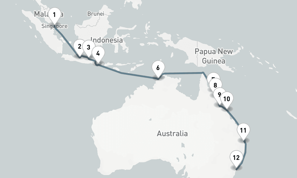 18 nights / 19 days, one-way from Singapore to Sydney (NSW, Australia)