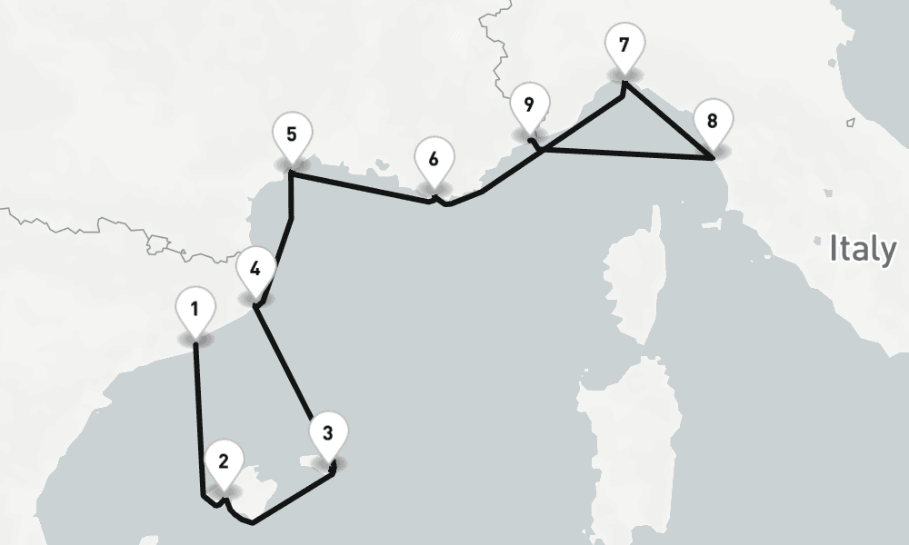 8 nights / 9 days, one-way from Barcelona to Monte Carlo (Monaco, France Riviera)