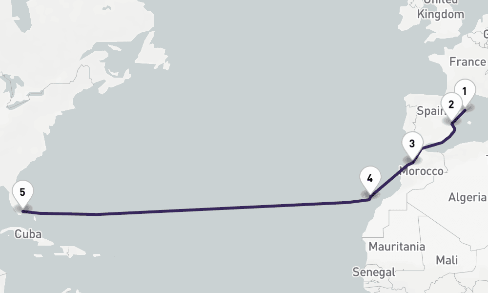 14 nights / 15 days, one-way from Barcelona to Miami (Florida)