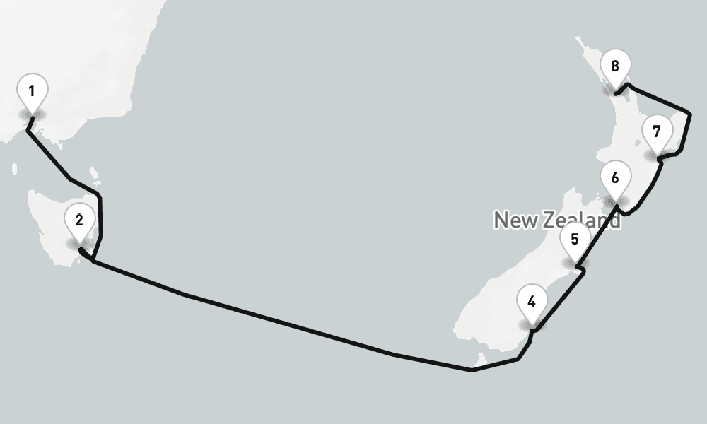12 nights / 13 days, one-way from Melbourne (Victoria, Australia) to Auckland
