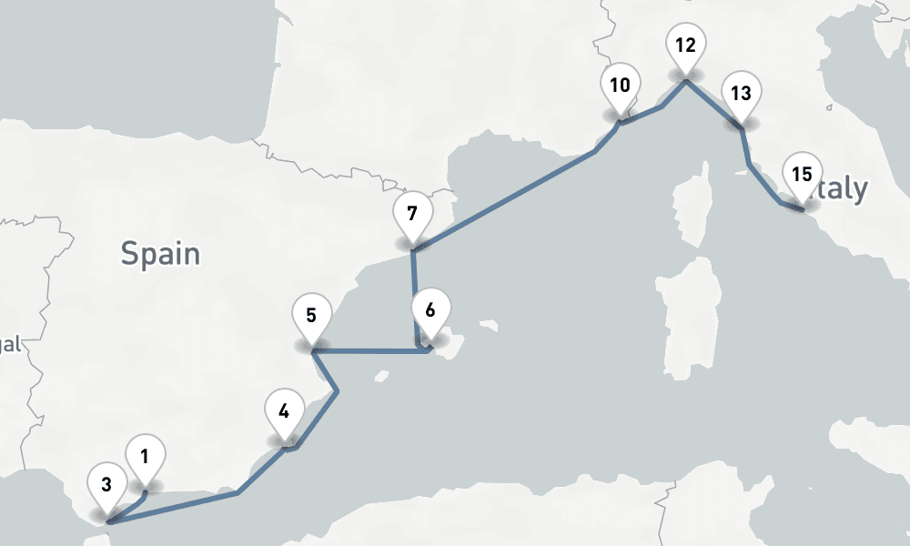14 nights / 15 days, one-way from Malaga to Civitavecchia (Rome, Italy)