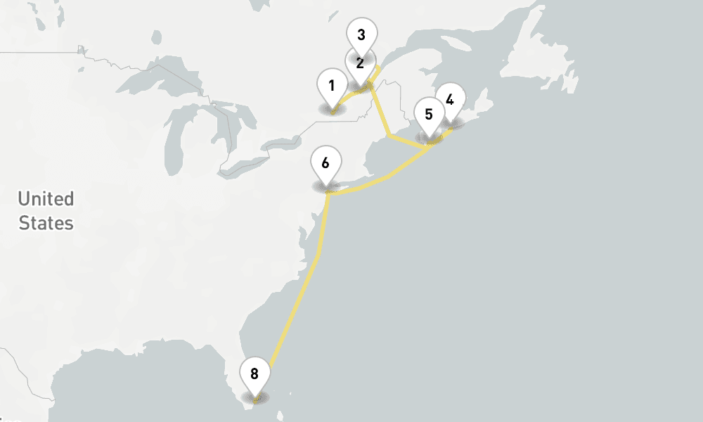 12 nights / 13 days, one-way from Montreal (Quebec, Canada) to Miami (Florida)