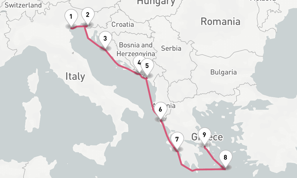 9 nights / 10 days, one-way from Venice to Piraeus (Athens, Greece)