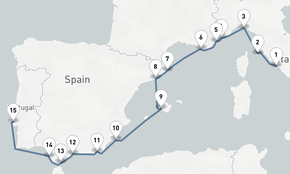 15 nights / 16 days, one-way from Civitavecchia (Rome, Italy) to Lisbon