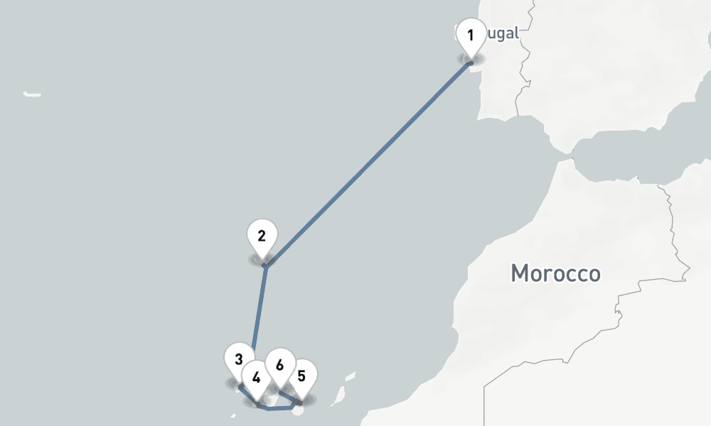 8 nights / 9 days, one-way from Lisbon to Santa Cruz de Tenerife (Canary Islands)
