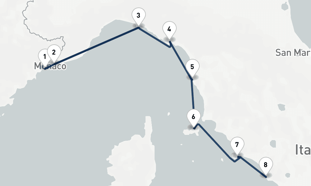 7 nights / 8 days, one-way from Villefranche-sur-Mer (Nice, France Riviera) to Civitavecchia (Rome, Italy)