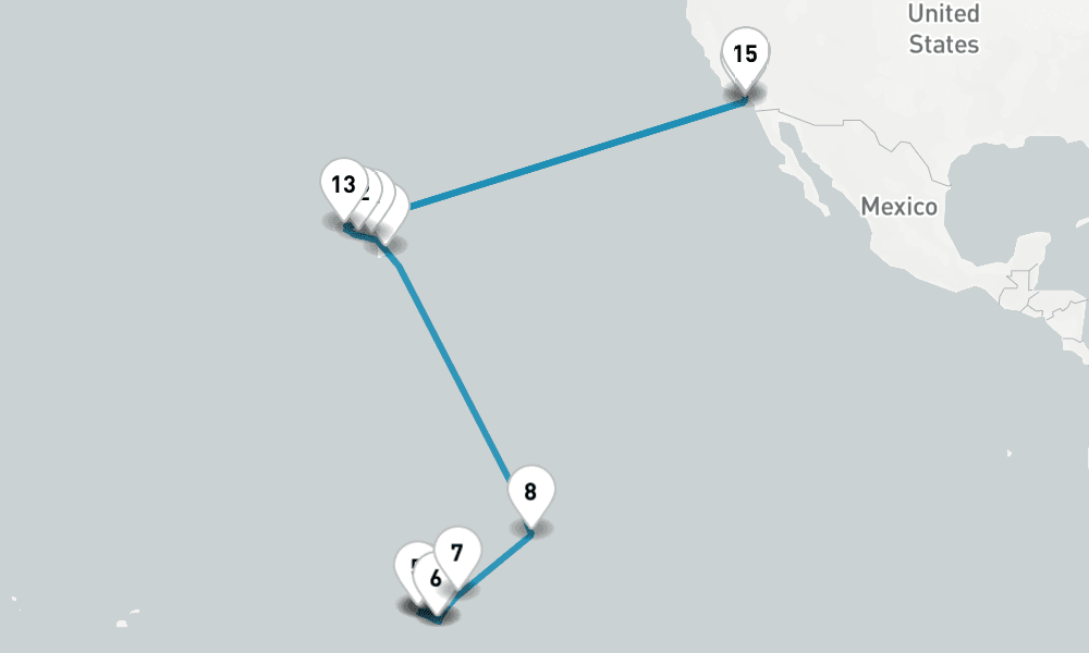 26 nights / 27 days, one-way from Papeete (Tahiti Island, French Polynesia) to Los Angeles (San Pedro / Long Beach)