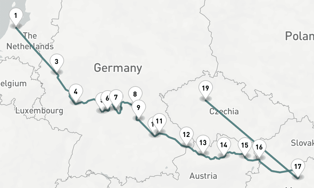17 nights / 18 days, one-way from Amsterdam (Holland) to Prague (Czech Republic)