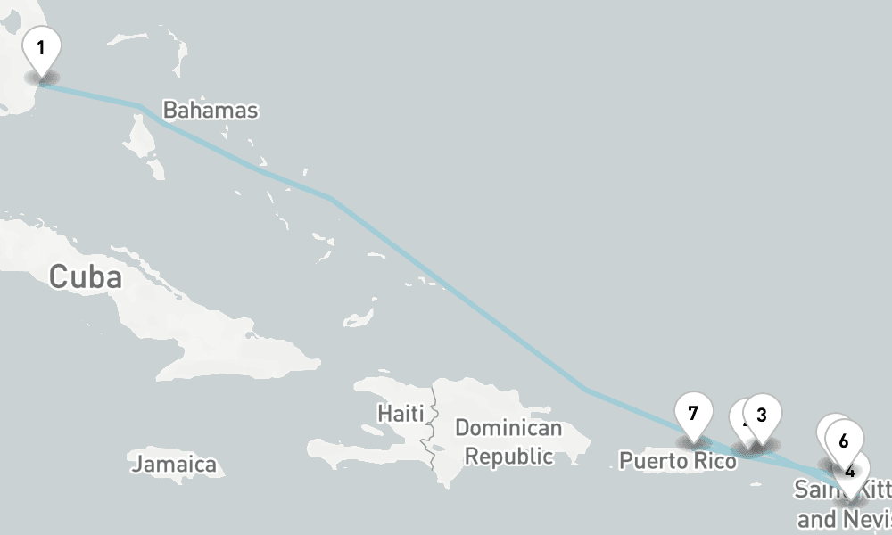 8 nights / 9 days, one-way from Miami (Florida) to San Juan (Puerto Rico)