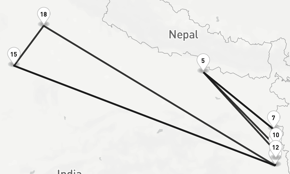 14 nights / 15 days, one-way from Kolkata (Calcutta, India) to New Delhi