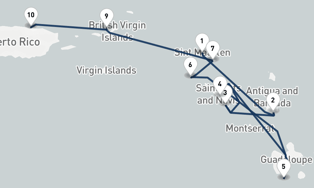 7 nights / 8 days, one-way from Philipsburg (St Maarten Island, Dutch Antilles) to San Juan (Puerto Rico)