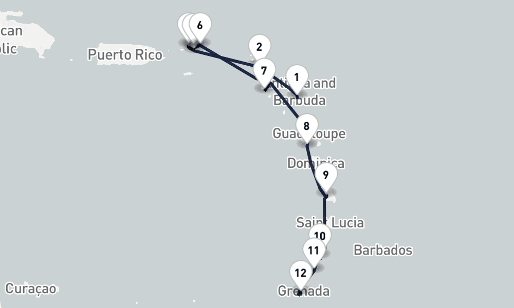 10 nights / 11 days, one-way from St Johns (Antigua) to St Georges