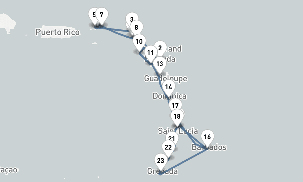 21 nights / 22 days, one-way from Philipsburg (St Maarten Island, Dutch Antilles) to Bridgetown (Barbados)