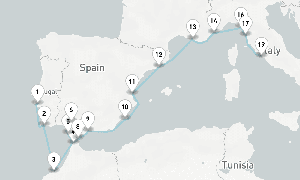 18 nights / 19 days, one-way from Lisbon to Civitavecchia (Rome, Italy)