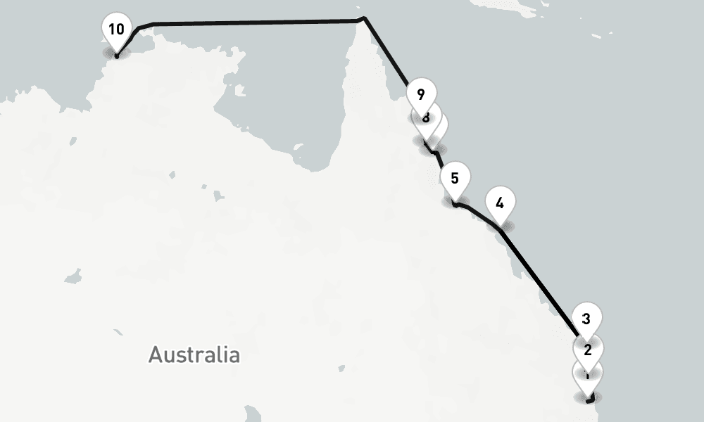 15 nights / 16 days, one-way from Brisbane (Queensland, Australia) to Darwin (NT Australia)