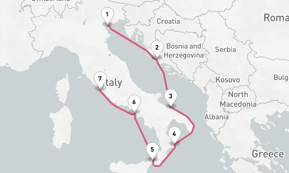 7 nights / 8 days, one-way from Venice to Civitavecchia (Rome, Italy)