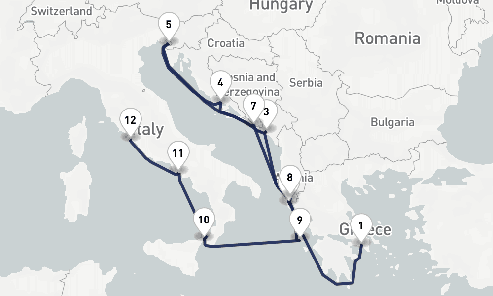 14 nights / 15 days, one-way from Piraeus (Athens, Greece) to Civitavecchia (Rome, Italy)