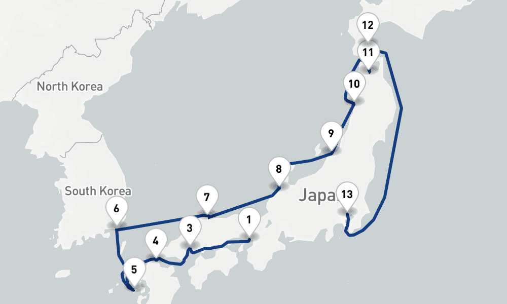 14 nights / 15 days, one-way from Kobe (Osaka-Kyoto, Japan) to Tokyo