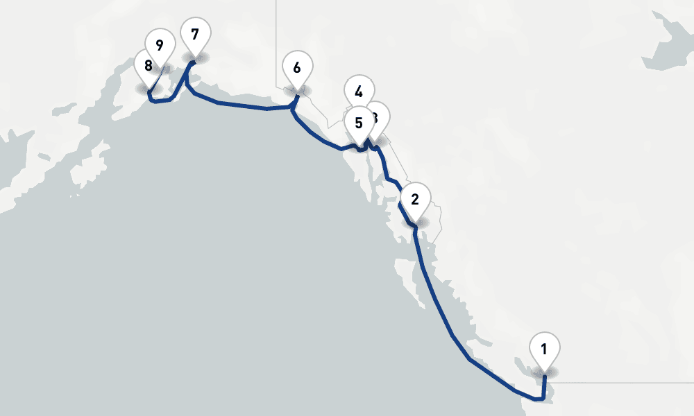 10 nights / 11 days, one-way from Vancouver (BC Canada) to Whittier (Alaska)