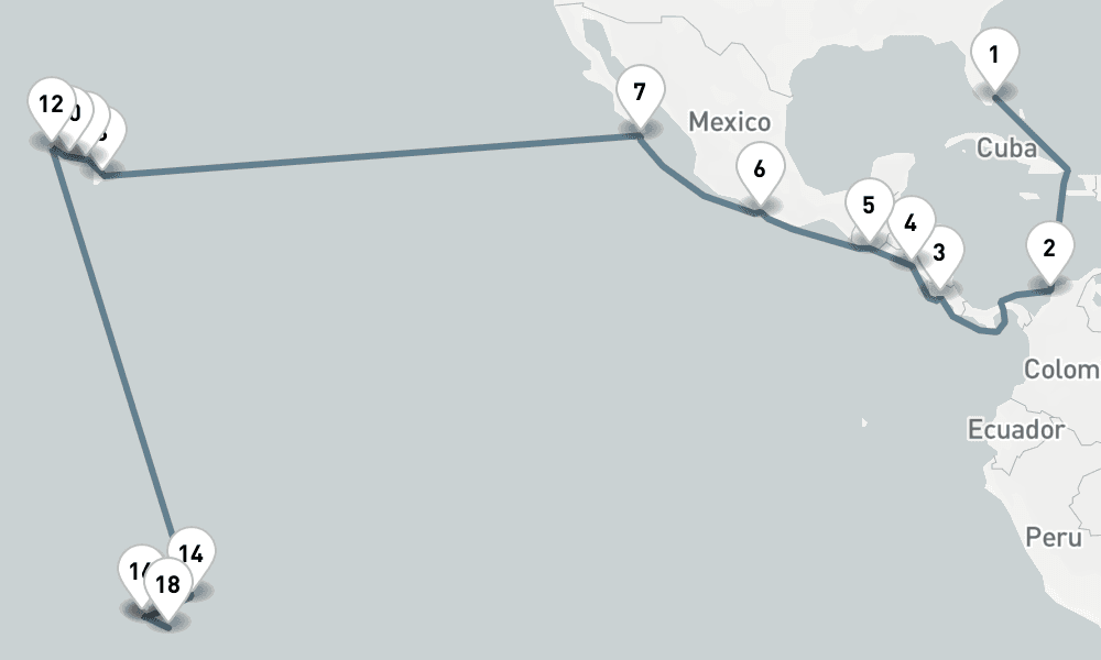 35 nights / 36 days, one-way from Miami (Florida) to Papeete (Tahiti Island, French Polynesia)