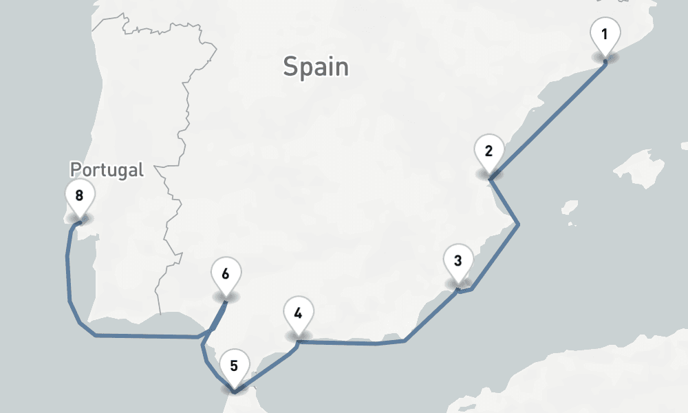 8 nights / 9 days, one-way from Barcelona to Lisbon