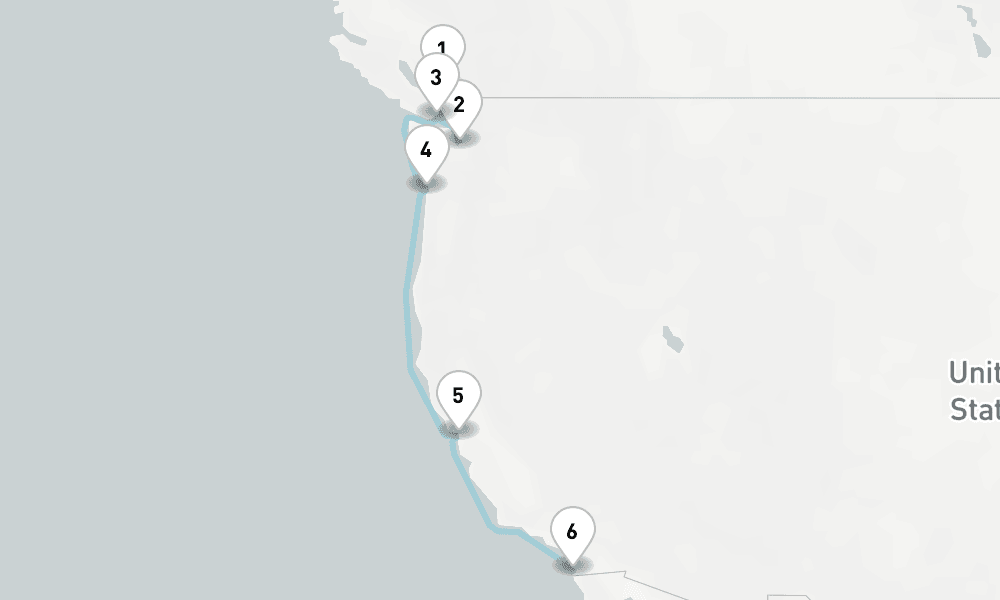7 nights / 8 days, one-way from Vancouver (BC Canada) to San Diego (California)