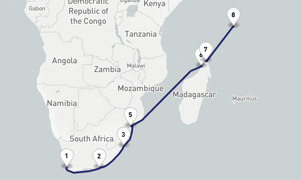 16 nights / 17 days, one-way from Cape Town to Mahe Island (Victoria, Seychelles)