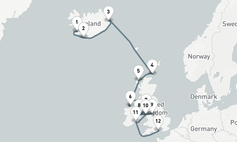 14 nights / 15 days, one-way from Reykjavik to Southampton (England)