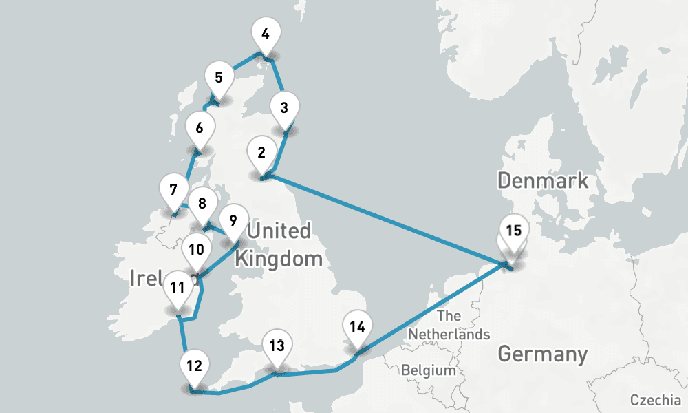 16 nights / 17 days, one-way from Bremerhaven (Bremen, Germany) to Cuxhaven