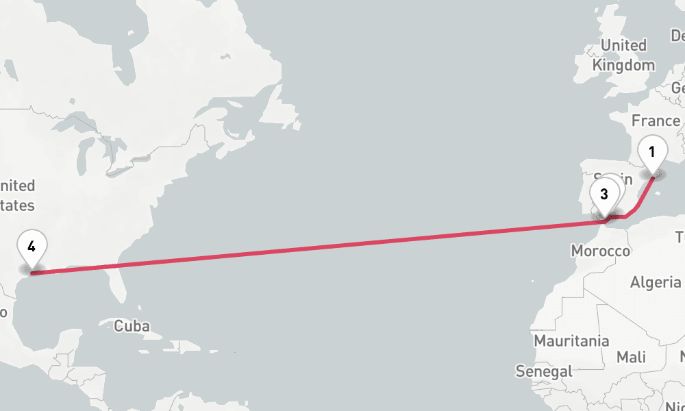 15 nights / 16 days, one-way from Barcelona to Galveston (Texas)