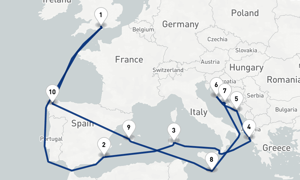 21 nights / 22 days, Southampton (England) Round trip