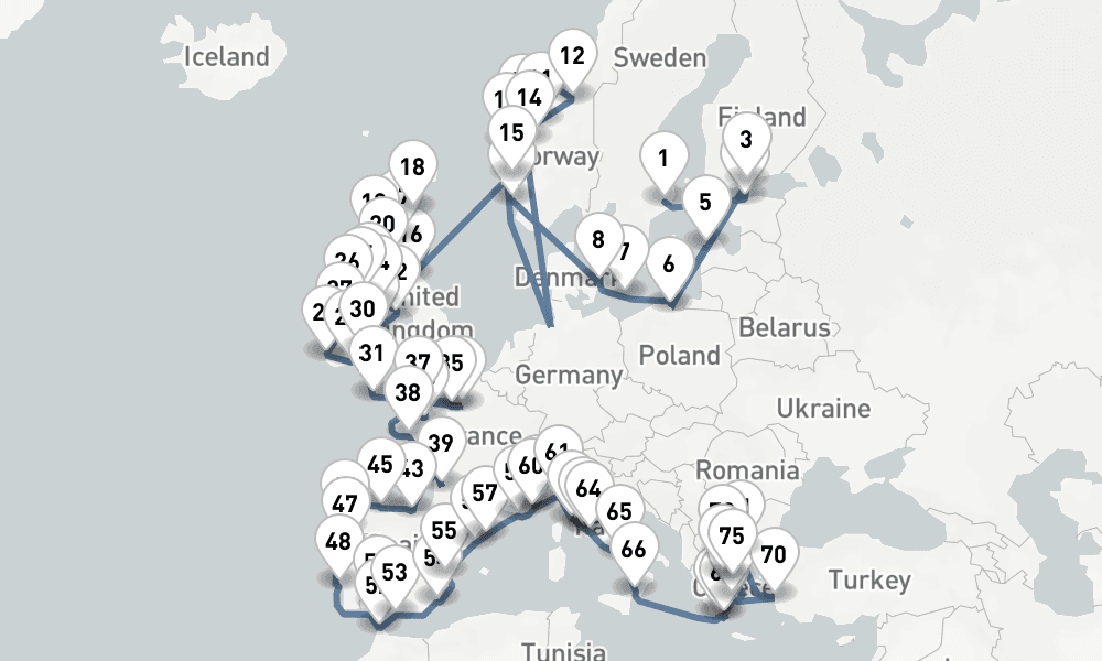 80 nights / 81 days, one-way from Stockholm to Piraeus (Athens, Greece)