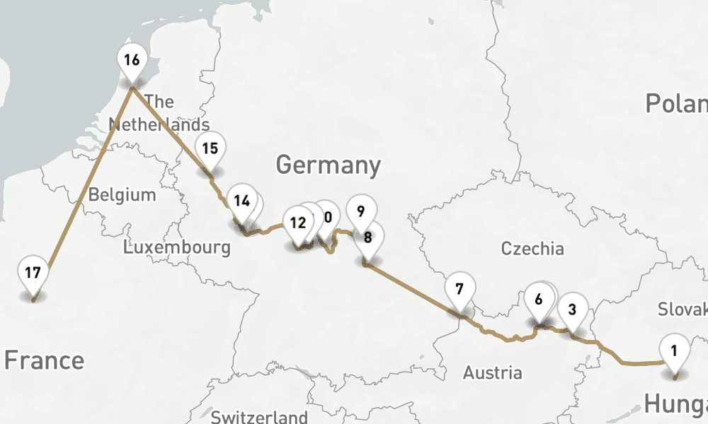 17 nights / 18 days, one-way from Budapest to Paris