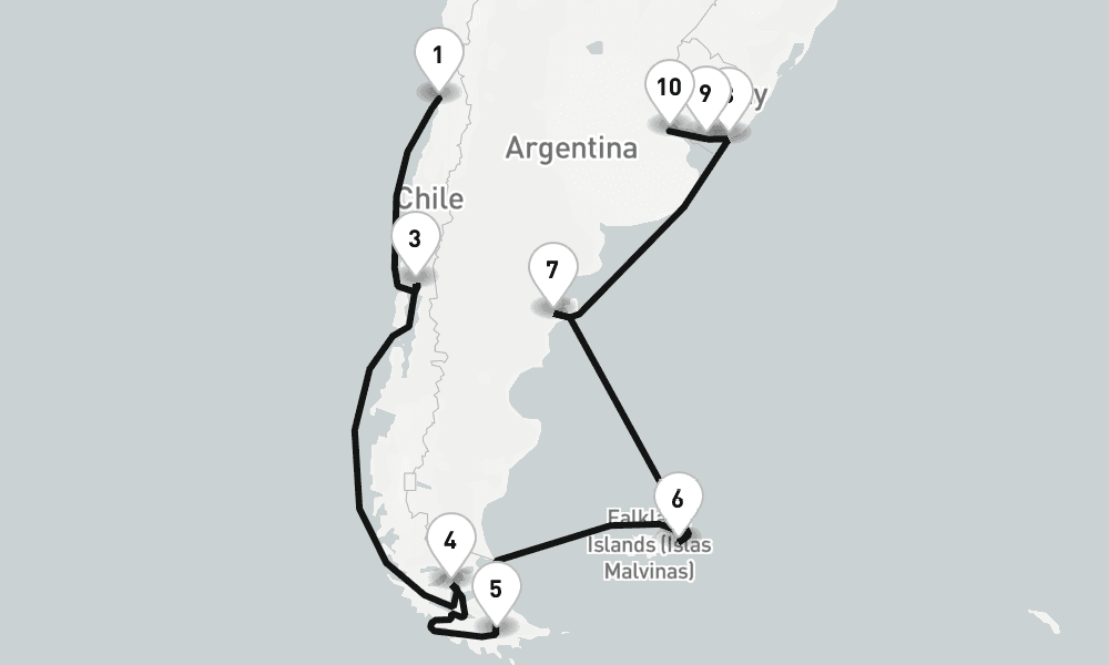 22 nights / 23 days, one-way from Valparaiso (Santiago, Chile) to Buenos Aires