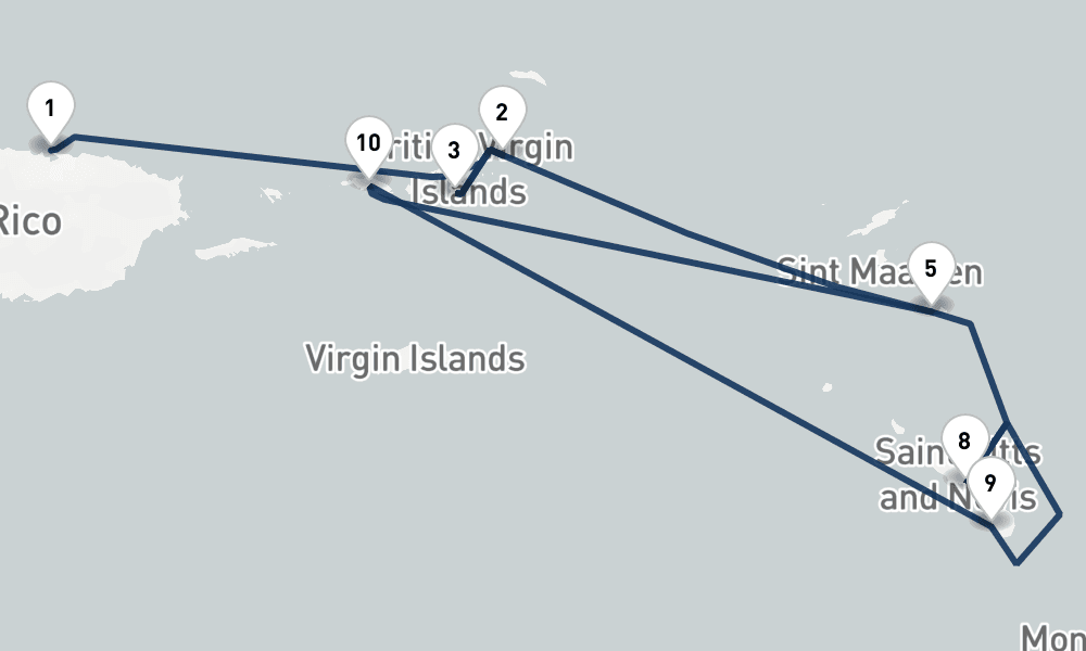 35 nights / 36 days, one-way from San Juan (Puerto Rico) to Gustavia (Saint Barthelemy Island)