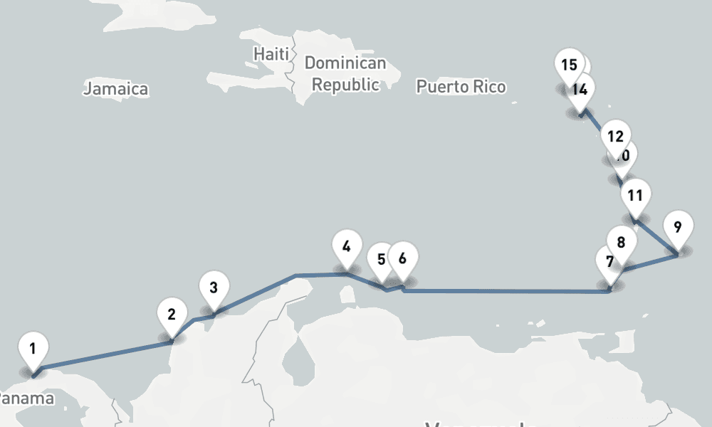 18 nights / 19 days, one-way from Colon to Philipsburg (St Maarten Island, Dutch Antilles)