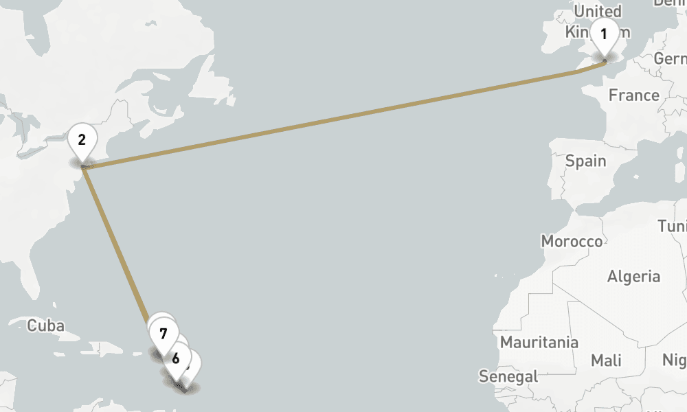 19 nights / 20 days, one-way from Southampton (England) to New York (Cape Liberty NYC)