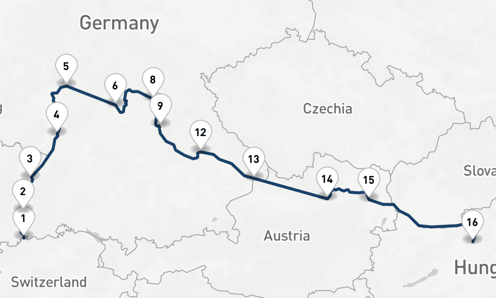16 nights / 17 days, one-way from Basel to Budapest