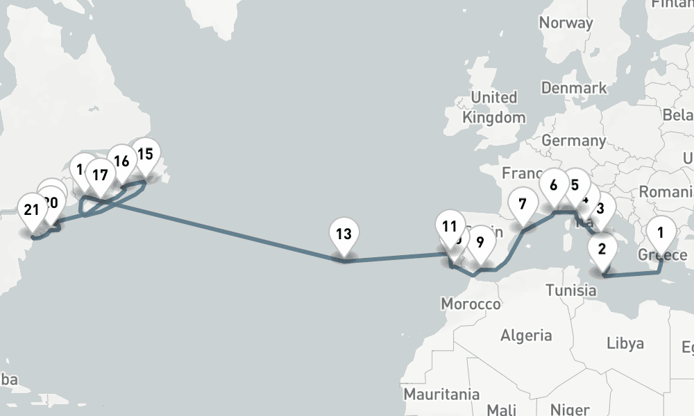 26 nights / 27 days, one-way from Piraeus (Athens, Greece) to New York (Cape Liberty NYC)