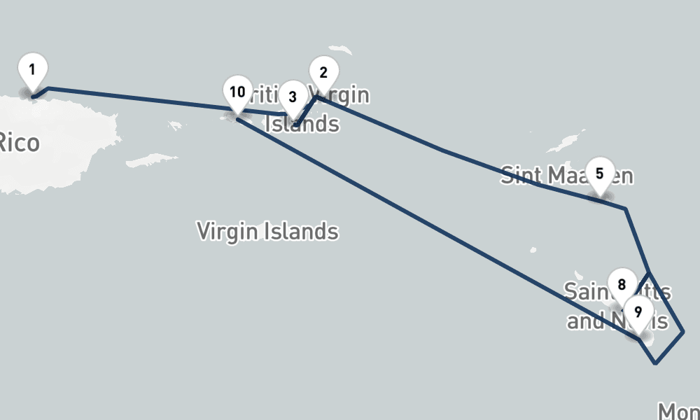 7 nights / 8 days, one-way from San Juan (Puerto Rico) to Saint Thomas Island (Charlotte Amalie, USVI)