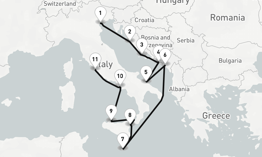 11 nights / 12 days, one-way from Venice to Civitavecchia (Rome, Italy)